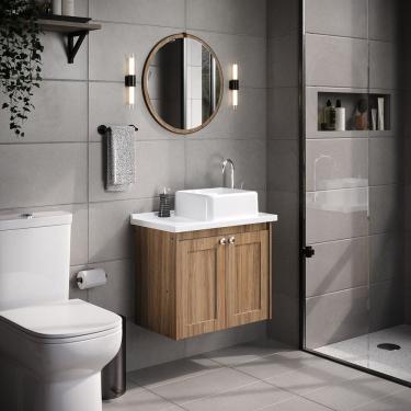 Imagem de Conjunto de Banheiro Suspenso Paris, Espelheira, Tampo e Cuba em Mármore Sintético Nogal Sevilha