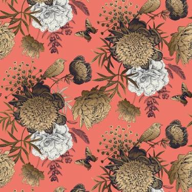 Imagem de VEELIKE Papel de parede vintage coral dourado pássaro colar e descascar borboletas papel de parede floral pré-colado peônias removíveis 17,7 x 354 '' papel de contato rosa autoadesivo para paredes de