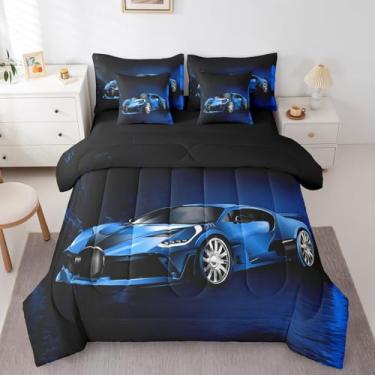 Imagem de Conjunto de cama de 7 peças, carro de corrida azul, para crianças, meninos, meninas, tema de esportes radicais, cama em uma bolsa, velocidade fria, decoração de carro de luxo com 2 fronhas, casal