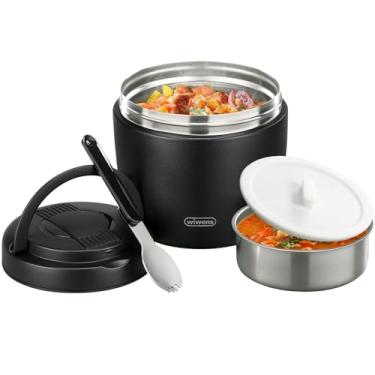 Imagem de wiwens Pote térmico para alimentos quentes para adultos 947 ml sopa recipientes térmicos de almoço boca larga isolados a vácuo aço inoxidável à prova de vazamento caixa bento com colher (preto)