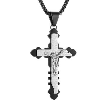 Imagem de HZMAN Colar de cruz crucifixo masculino de aço inoxidável retrô inspirador da oração do Senhor, pingente de cruz de fé cristã, presente, Aço inoxidável, Sem Pedra Preciosa