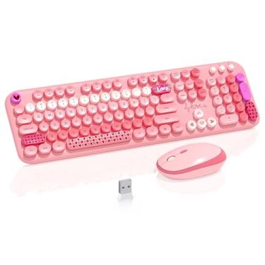 Imagem de Mouse com teclado sem fio, 104 teclado colorido fofo e mouse com máquina de escrever retrô para PC/Mac/laptop/tablet/computador/Windows, teclado e mouse sem fio Microsoft para Windows, rosa