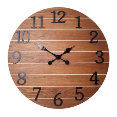 Imagem de Constantplanet Relógio de parede grande marrom escuro de 61 cm de madeira sólida - Relógio de parede para sala de estar silencioso sem tique-taque - Relógio de parede com bateria rústico