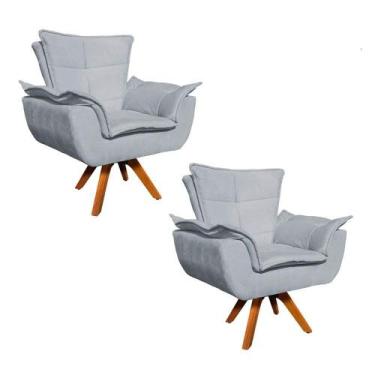 Imagem de Kit 02 Poltronas Giratória Opala Suede Cinza Base Madeira - DROSSI
