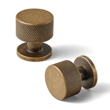 Imagem de Goo-Ki Puxador de armário vintage retrô de liga de zinco de latão antigo - furo único decorações serrilhadas ferragens para quarto, cozinha, pacote com 6 2214S-GT