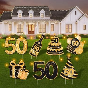 Imagem de Decorações de aniversário de 50 anos para homens e mulheres - 7 peças de placas de quintal de 50 anos com estacas, luzes LED e fita dupla face | Decoração feliz 50 | Lembranças de festa ao ar