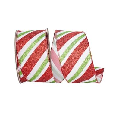 Imagem de Reliant Ribbon Fita de borda com fio de linho com listras de glitter diagonal, branca/vermelha