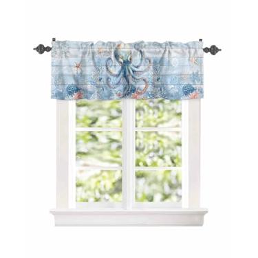Imagem de IDOWMAT Sanefas de janela coral, estrela do mar, polvo do oceano azul, sanefa de cozinha, saia curta Underwater World, cortinas de tratamento de janela para sala de estar, quarto, 137 x 45 cm