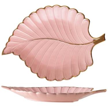 Imagem de Disoza Bandeja de Jóias Prato Cerâmica para Porta Anéis 10,6“ x 7,9” Tigela Chaves Rosa Presentes Aniversário Mulheres Folha Estética Decoração Mesa Café Quarto Bonito Apartamento Casa Banho Cómoda