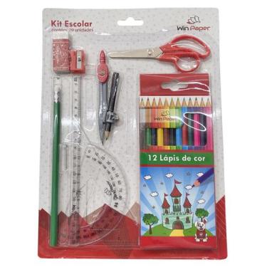 Imagem de Kit Material Escolar 9 Peças Lápis Réguas Tesoura Compasso Apontador B