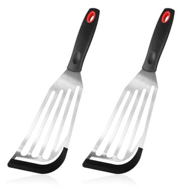 Imagem de 2 unidades Espátulas para virar peixe, espátula para virar peixe com ranhuras e ponta de silicone, espátula para peixe resistente ao calor para tortilhas de panquecas e ovos de peixe