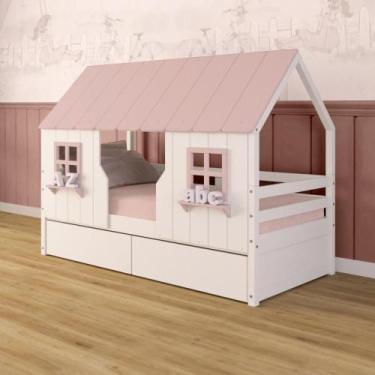 Imagem de Cama Casinha Encantada com 02 Gavetas Madeira Maciça Branco/ Rosa Mega