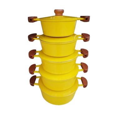 Imagem de Jogo 5 Panelas Alumínio Batido Fundido Amarelas Tampa Pesada