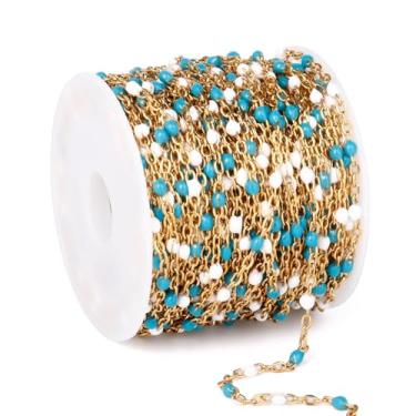 Imagem de Corrente de elos com contas de satélite esmaltadas de aço inoxidável de 2 mm para fabricação de joias (contas brancas azuis douradas)