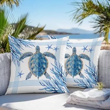 Imagem de SELINGY Conjunto de 2 capas de almofada de verão tartaruga coral à prova d'água para ambientes externos 40,6 x 40,6 cm, fronhas decorativas para decoração de jardim, varanda, sofá