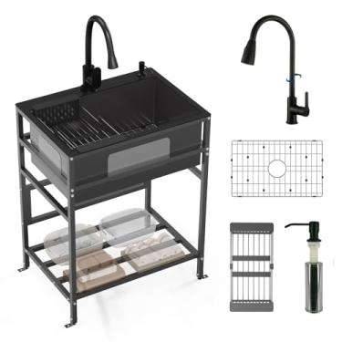 Imagem de Pia utilitária preta, 63 x 45 cm de aço inoxidável com acessórios - torneira preta, dispensador de sabão, grade de pia SS, escorredor para lavanderia, garagem, cozinha ao ar livre, jardim...