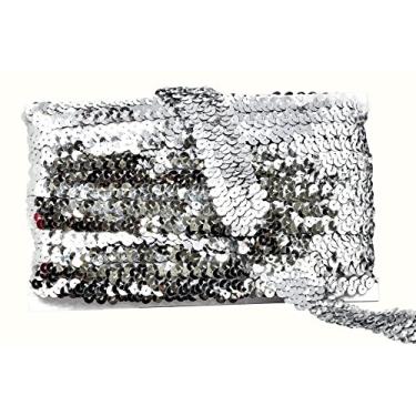 Imagem de Mandala Crafts Acabamento de fita elástica de lantejoulas - Acabamento elástico de lantejoulas prateadas de 2,5 cm para costura - Faixa de lantejoulas elásticas metálicas de 10 metros de tecido