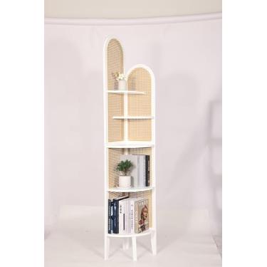 Imagem de FQGGJ Estante de canto de vime de 5 camadas, prateleira de exibição de canto alto para espaços pequenos, para quarto, sala de estar, sala de jantar, branca