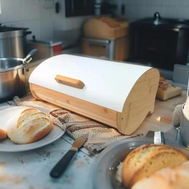 Imagem de Porta Pão De Bambu Suporte Armazenador De Panetones Cakes Pão De Forma Bolos Com Tampa De Metal - MJ BRANDS (Branco)