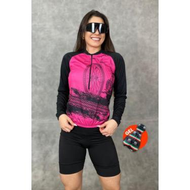Imagem de Conjunto de Ciclismo Feminino- Camisa Bike Roda Rosa Manga Longa (PRO)