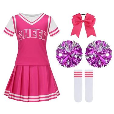 Imagem de yolsun Conjunto de fantasia de líder de torcida para meninas, vestido chique de líder de torcida para meninas, 5 peças de uniforme de torcida para Halloween (rosa, 8-9 anos)