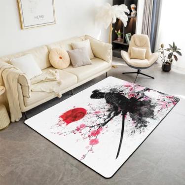 Imagem de Feelyou Samurai Japonês Tapete decorativo com flores de cerejeira para meninos, meninas, adolescentes, estampa de sol vermelho, decoração de casa, sala de estar, Fuji Mountain, tapete de chão interno