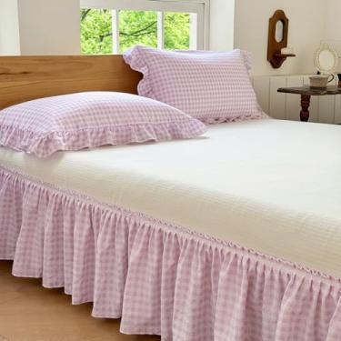 Imagem de Saia de cama com babados rosa guingão com decoração de renda, babados elásticos ajustáveis em grade xadrez para cama de solteiro, capa de cama plissada de casa de campo de fazenda de 38 cm (guingão