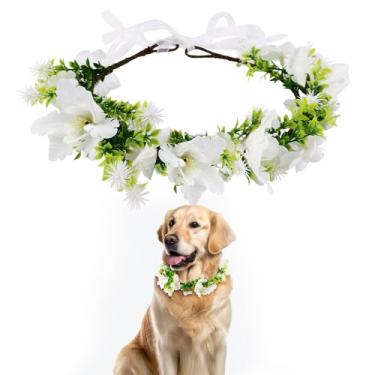 Imagem de NQEUEPN Coleira De Flores Para Casamento Cachorro, Guirlanda Laço, Coroa Floral, Anel Animais Estimação Acessórios Foto (Branco, Grande)