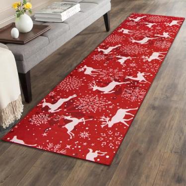 Imagem de Asrug Tapete vermelho de Natal - 2x8 rena lavável tapete de corredor antiderrapante tapetes de arremesso de diamante floco de neve acento de pilha baixa tapete pequeno para quarto sala de estar decoração de lavanderia