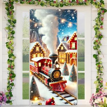 Imagem de BlissYard Capa de porta de Natal, cena de trem de vila nevada, luzes brilhantes, queda de neve, vapor, fumaça de 88 x 189 cm, decoração festiva de inverno, decorações de Natal para decoração de Natal