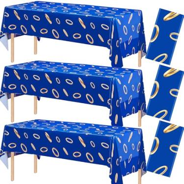 Imagem de ANLLECR 3 peças toalha de mesa azul com estampa de anel de ouro 277 x 137 cm, capa de mesa de plástico retangular descartável azul para decoração de festa de aniversário de meninos e meninas