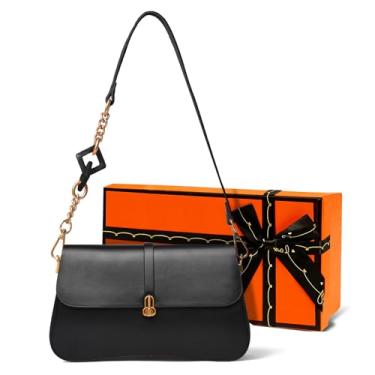 Imagem de Bolsa de ombro de couro bovino dividida - ferragens douradas vintage, caixa de presente de luxo incluída, textura vegana de grão fino, Preto, Small, Simples