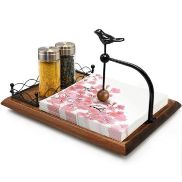 Imagem de Elegante porta-guardanapos de madeira plana com design de pássaro, porta-guardanapos multifuncional para mesa, cozinha, uso ao ar livre, base de madeira marrom nogueira inclui espaço para saleiro e