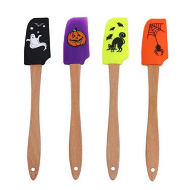 Imagem de Hemoton – 4 peças de silicone com cabo de madeira para dia das bruxas, espátula, utensílio de cozinha para padaria doméstica (fantasma + gato preto + abóbora + padrão de aranha)