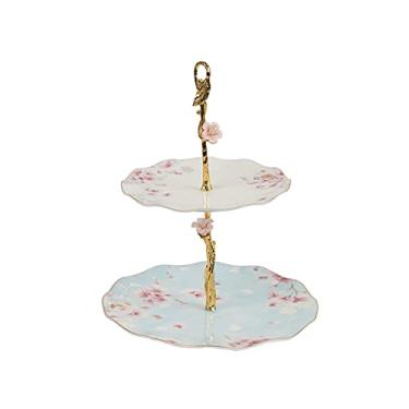 Imagem de Suporte de bolo de cerâmica com alças de metal, suporte duplo para exibição de sobremesa, suporte europeu para cupcake, bandeja de serviço de pastelaria, suporte de frutas, prato de bolo, doces