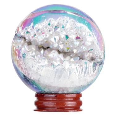 Imagem de Rockcloud Esfera de cristal de quartzo AB branca revestida de titânio com suporte de madeira, esfera geodo de cristal de rocha natural para decoração de casa de adivinhação, 61-70 mm