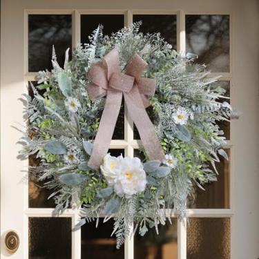 Imagem de Guirlandas de outono de girassóis para porta da frente, guirlanda de outono de 66 cm com folhas amarelas claras e flores de papel, guirlandas para uso ao ar livre para porta da frente, casa de fazenda