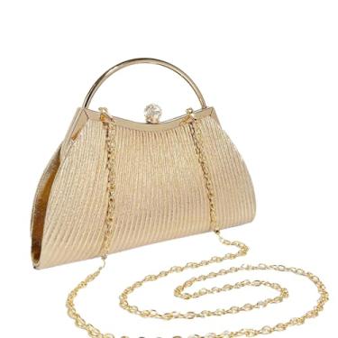 Imagem de Bolsa Clutch Festa Feminina Dourada Poliéster Alça Haste Metálica Mão Ombro Transversal Com Correntes Removíveis