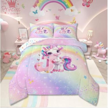Imagem de Conjunto de cama infantil casal de unicórnio rosa para meninas, colorido, arco-íris, galáxia, ultramacio, alfabeto, letra J, desenho animado de flor, borboleta, unicórnio, decoração de quarto