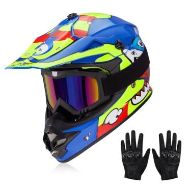 Imagem de JQF Gear Capacetes infantis de motocross off-road ATV BMX MX Dirtbike capacete J-01 com óculos e luvas aprovado pelo DOT (Blue Shark, M)