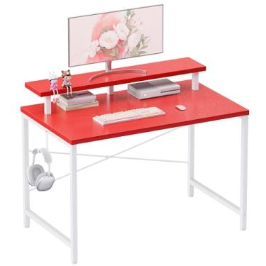 Imagem de Pamray Mesa de computador pequena de 81 cm com suporte para monitor, mesa de escritório simples com gancho de fone de ouvido para espaços pequenos, mesa de estudo infantil para quarto, vermelha
