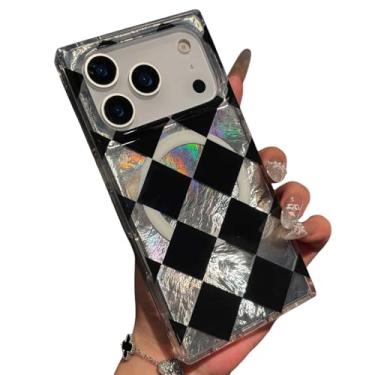 Imagem de RoyMonkey Capa magnética para iPhone compatível com Magsafe, capa protetora retangular fina à prova de choque (xadrez preto com papel prateado, iPhone 17 Pro)