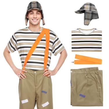 Imagem de DreamJ Fantasias de Halloween para adultos, cosplay listrado, calça suspensória, chapéu, conjunto de fantasia de Halloween para homens, Marrom, Small