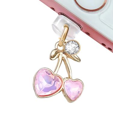 Imagem de ELISE & FONDA CP663 Porta de carregamento USB plugue antipoeira pequeno cristal cereja pingente de telefone para iPhone 14/13/12/11/XS MAX/XR/X/8 Plus/7/6S/8/SE iPad iPod (rosa)
