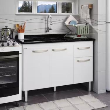 Imagem de Conjunto Balcão De Cozinha Com Pia Mármore Sintético 2 Porta Branco