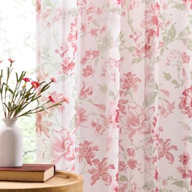 Imagem de Cortinas transparentes florais vermelhas de 153 cm de comprimento, 2 painéis para quarto, estilo moderno, com estampa de flores e folhas, para decoração de quarto de meninas, bolso de varão, proteção