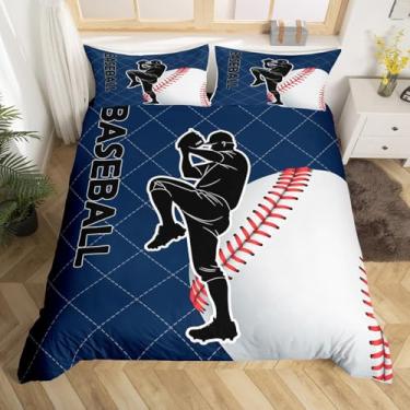 Imagem de Feelyou Jogo de cama king size de beisebol azul marinho para crianças, meninos, meninas, adolescentes, jogo de edredom com estampa de bola esportiva, 3 peças, fecho de zíper