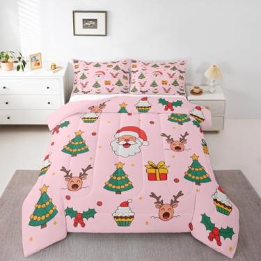 Imagem de Feelyou Conjunto de cama macio para meninos e meninas, Papai Noel, tamanho casal, decoração de alce, cervo, alce, edredom de microfibra, 3 peças com 2 fronhas