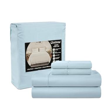 Imagem de Lençóis de cama king size de algodão 400 fios, bolso profundo de 38 cm, 4 peças de cetim macio naturalmente fresco, lavável na máquina, totalmente elástico, azul claro