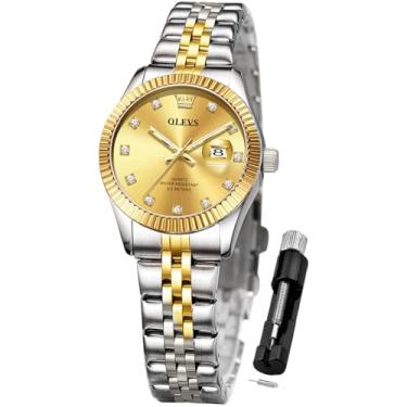 Imagem de OLEVS Relógios femininos para negócios, vestido feminino, para relógio de pulso pequeno, dourado, prateado, pulseira de aço inoxidável, analógico, quartzo, dia, data, à prova d'água, relógios